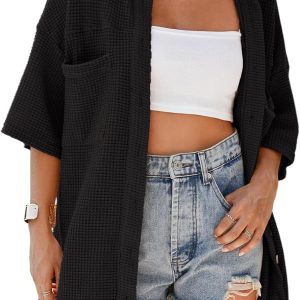 Dokotoo Womens Waffle Knit Tops Casual 3/4 Bell Sleeve Button Down Shirts Lapel V Neck Dressy Blouses with Pocket