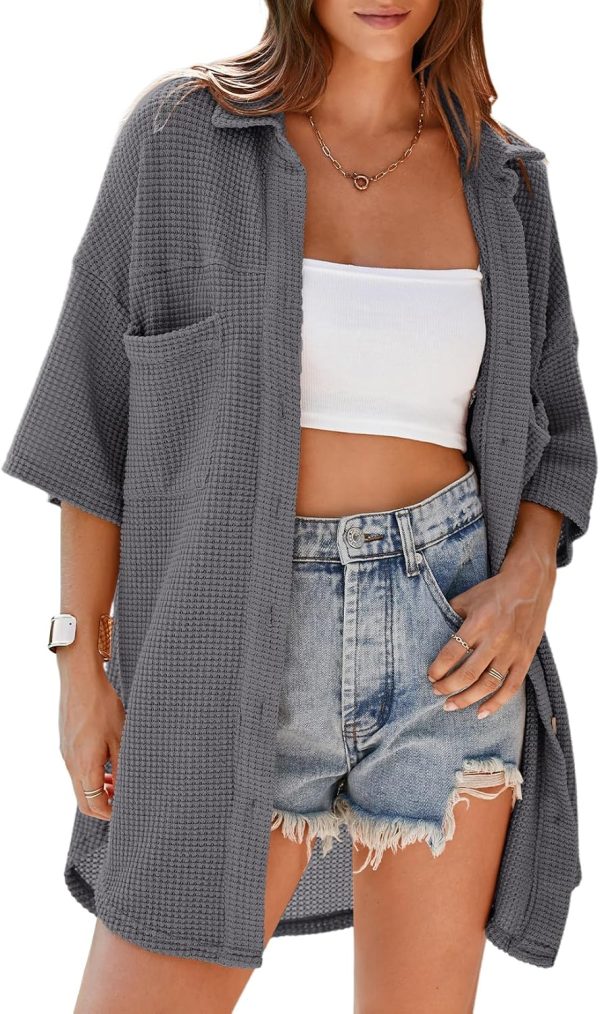 Dokotoo Womens Waffle Knit Tops Casual 3/4 Bell Sleeve Button Down Shirts Lapel V Neck Dressy Blouses with Pocket - Image 6