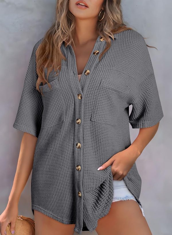 Dokotoo Womens Waffle Knit Tops Casual 3/4 Bell Sleeve Button Down Shirts Lapel V Neck Dressy Blouses with Pocket - Image 7