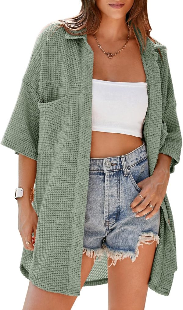 Dokotoo Womens Waffle Knit Tops Casual 3/4 Bell Sleeve Button Down Shirts Lapel V Neck Dressy Blouses with Pocket - Image 11