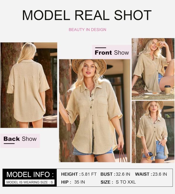 Dokotoo Womens Waffle Knit Tops Casual 3/4 Bell Sleeve Button Down Shirts Lapel V Neck Dressy Blouses with Pocket - Image 18