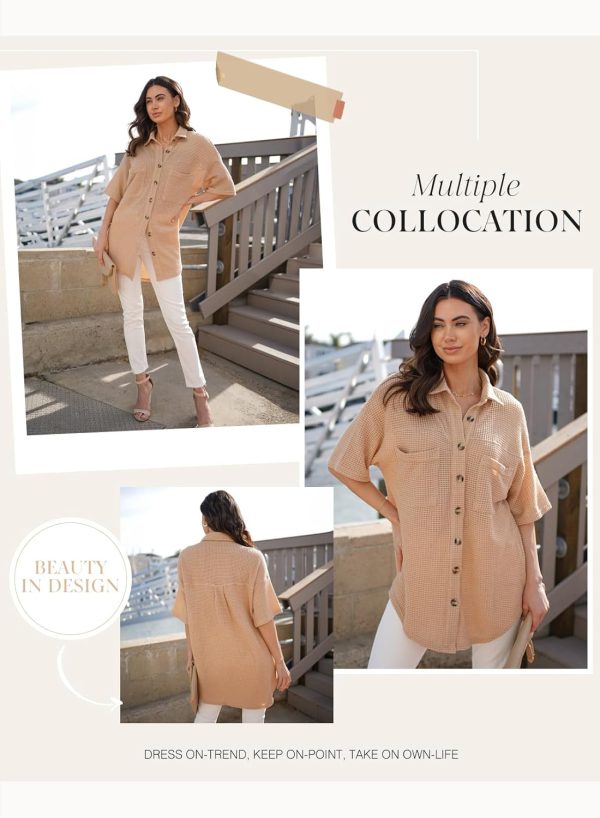 Dokotoo Womens Waffle Knit Tops Casual 3/4 Bell Sleeve Button Down Shirts Lapel V Neck Dressy Blouses with Pocket - Image 19
