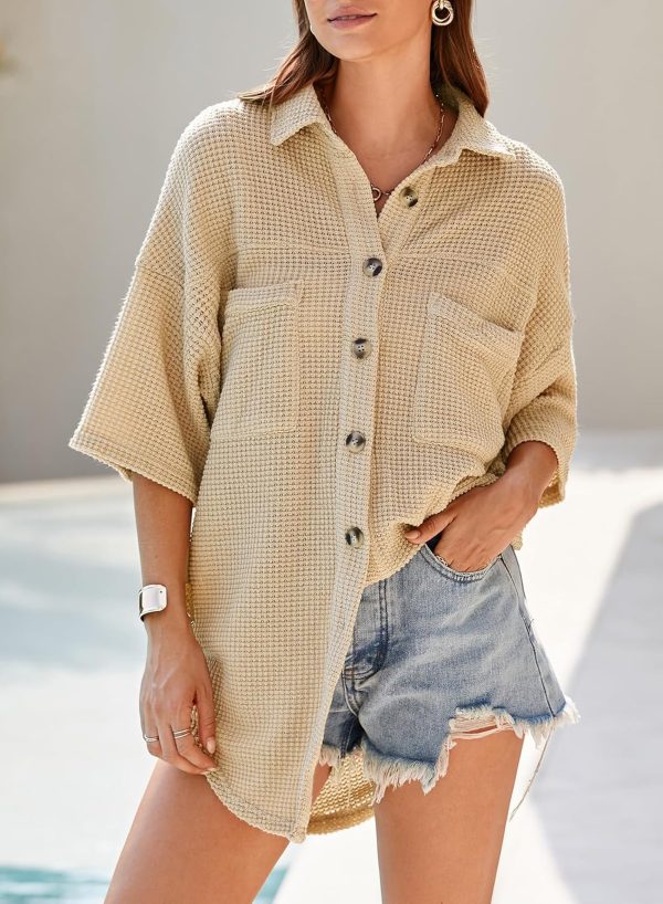 Dokotoo Womens Waffle Knit Tops Casual 3/4 Bell Sleeve Button Down Shirts Lapel V Neck Dressy Blouses with Pocket - Image 20