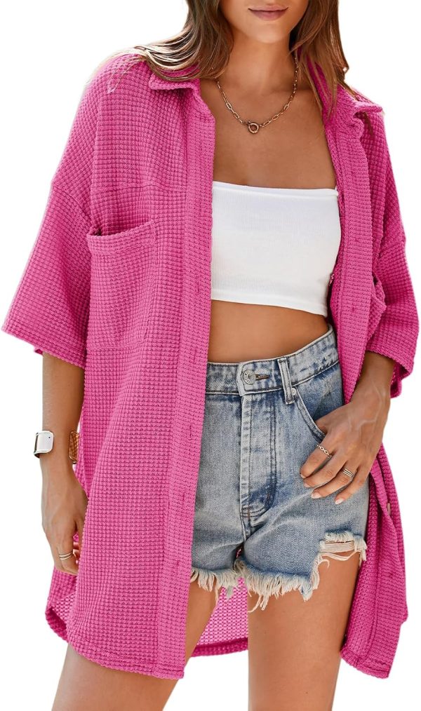Dokotoo Womens Waffle Knit Tops Casual 3/4 Bell Sleeve Button Down Shirts Lapel V Neck Dressy Blouses with Pocket - Image 21