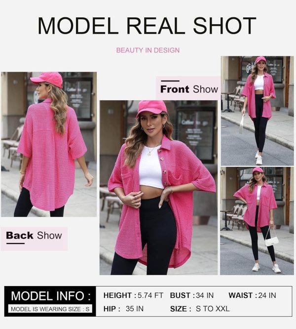 Dokotoo Womens Waffle Knit Tops Casual 3/4 Bell Sleeve Button Down Shirts Lapel V Neck Dressy Blouses with Pocket - Image 22