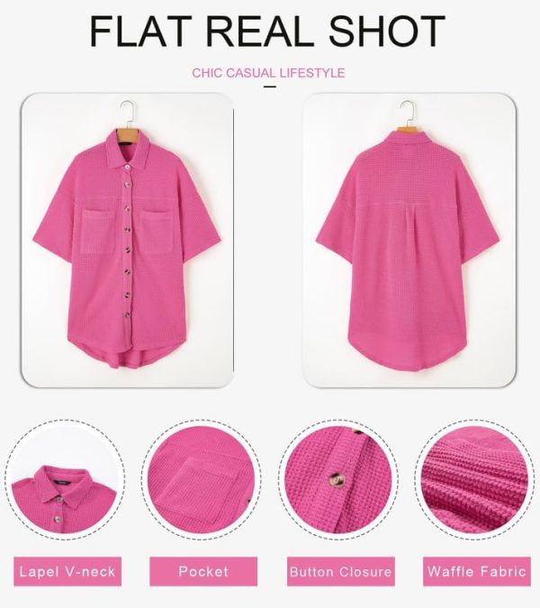 Dokotoo Womens Waffle Knit Tops Casual 3/4 Bell Sleeve Button Down Shirts Lapel V Neck Dressy Blouses with Pocket - Image 23