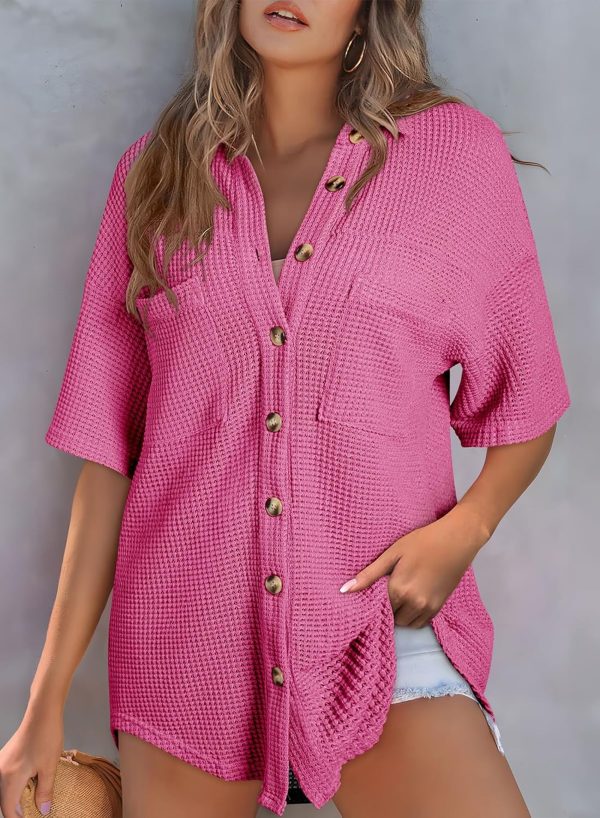 Dokotoo Womens Waffle Knit Tops Casual 3/4 Bell Sleeve Button Down Shirts Lapel V Neck Dressy Blouses with Pocket - Image 24
