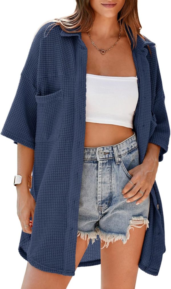 Dokotoo Womens Waffle Knit Tops Casual 3/4 Bell Sleeve Button Down Shirts Lapel V Neck Dressy Blouses with Pocket - Image 26