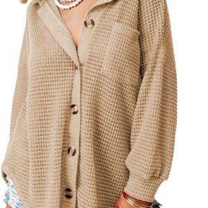 Dokotoo Womens Waffle Knit Shacket Jacket Casual Long Sleeve Button Down Shirts Dressy Blouses Tops