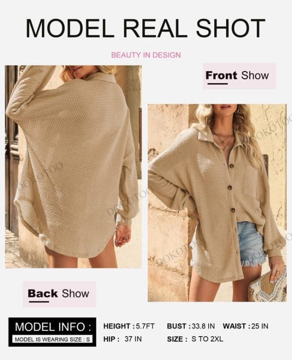 Dokotoo Womens Waffle Knit Shacket Jacket Casual Long Sleeve Button Down Shirts Dressy Blouses Tops - Image 2
