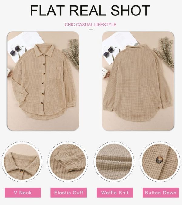 Dokotoo Womens Waffle Knit Shacket Jacket Casual Long Sleeve Button Down Shirts Dressy Blouses Tops - Image 3