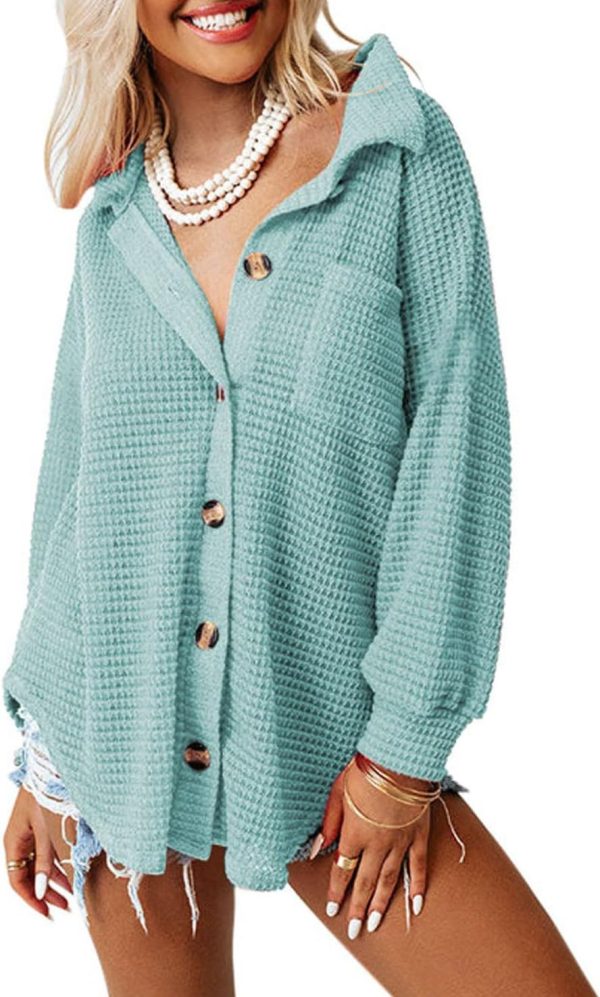 Dokotoo Womens Waffle Knit Shacket Jacket Casual Long Sleeve Button Down Shirts Dressy Blouses Tops - Image 8