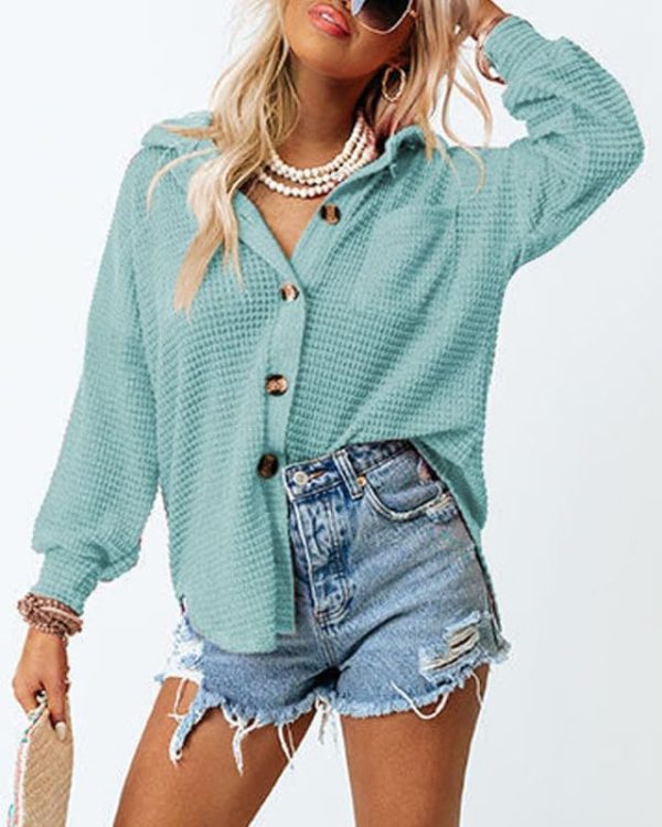 Dokotoo Womens Waffle Knit Shacket Jacket Casual Long Sleeve Button Down Shirts Dressy Blouses Tops - Image 12