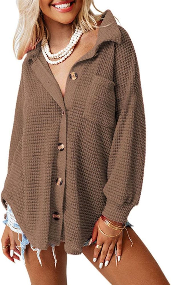Dokotoo Womens Waffle Knit Shacket Jacket Casual Long Sleeve Button Down Shirts Dressy Blouses Tops - Image 14
