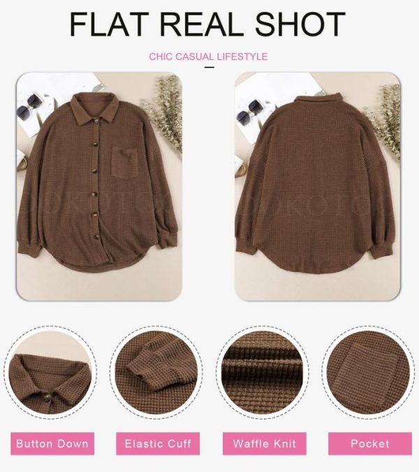 Dokotoo Womens Waffle Knit Shacket Jacket Casual Long Sleeve Button Down Shirts Dressy Blouses Tops - Image 15