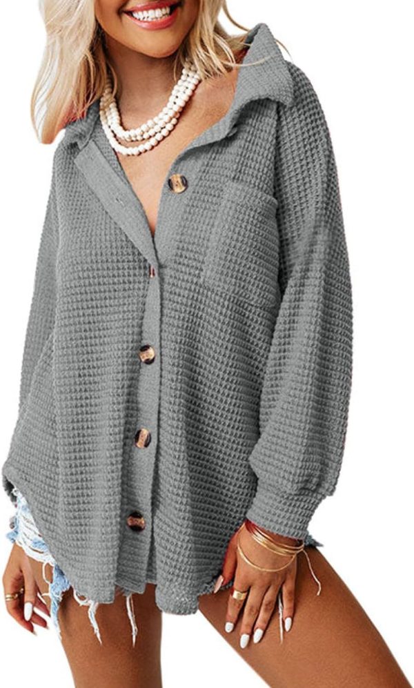 Dokotoo Womens Waffle Knit Shacket Jacket Casual Long Sleeve Button Down Shirts Dressy Blouses Tops - Image 19