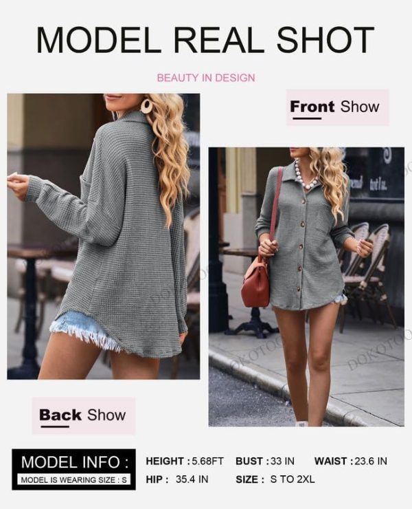 Dokotoo Womens Waffle Knit Shacket Jacket Casual Long Sleeve Button Down Shirts Dressy Blouses Tops - Image 20