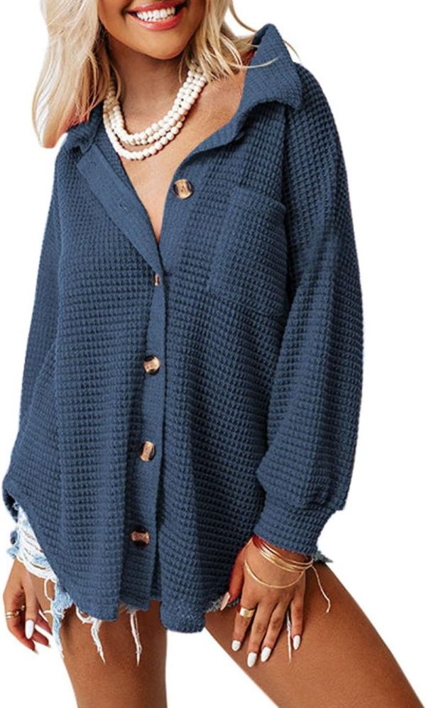 Dokotoo Womens Waffle Knit Shacket Jacket Casual Long Sleeve Button Down Shirts Dressy Blouses Tops - Image 24