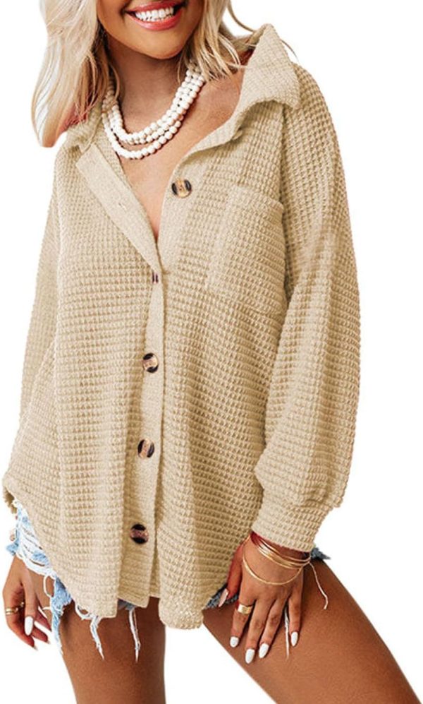 Dokotoo Womens Waffle Knit Shacket Jacket Casual Long Sleeve Button Down Shirts Dressy Blouses Tops - Image 29