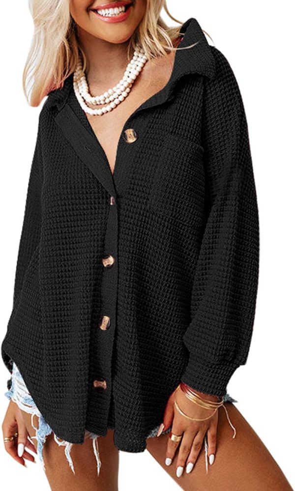 Dokotoo Womens Waffle Knit Shacket Jacket Casual Long Sleeve Button Down Shirts Dressy Blouses Tops - Image 34