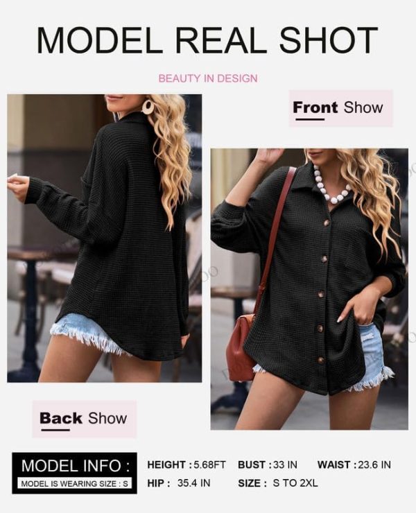 Dokotoo Womens Waffle Knit Shacket Jacket Casual Long Sleeve Button Down Shirts Dressy Blouses Tops - Image 35