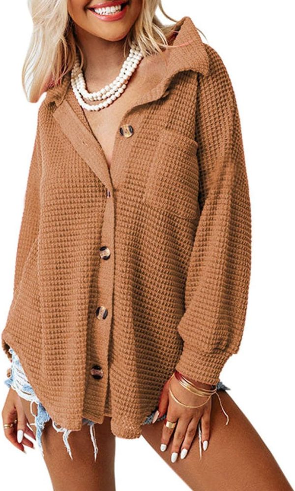 Dokotoo Womens Waffle Knit Shacket Jacket Casual Long Sleeve Button Down Shirts Dressy Blouses Tops - Image 44