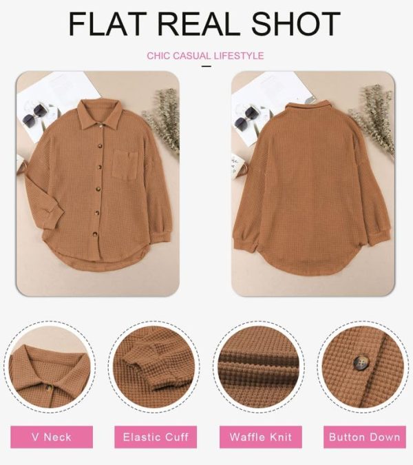 Dokotoo Womens Waffle Knit Shacket Jacket Casual Long Sleeve Button Down Shirts Dressy Blouses Tops - Image 46
