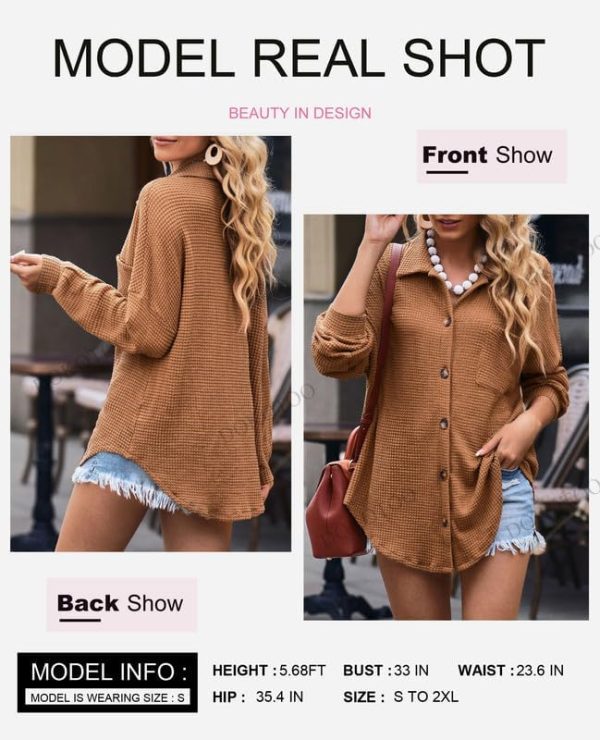 Dokotoo Womens Waffle Knit Shacket Jacket Casual Long Sleeve Button Down Shirts Dressy Blouses Tops - Image 47