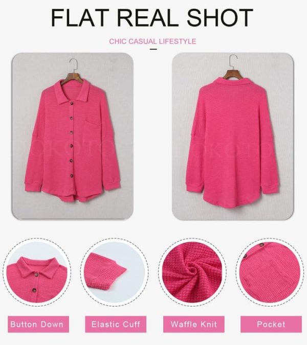 Dokotoo Womens Waffle Knit Shacket Jacket Casual Long Sleeve Button Down Shirts Dressy Blouses Tops - Image 51
