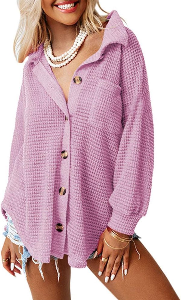 Dokotoo Womens Waffle Knit Shacket Jacket Casual Long Sleeve Button Down Shirts Dressy Blouses Tops - Image 54
