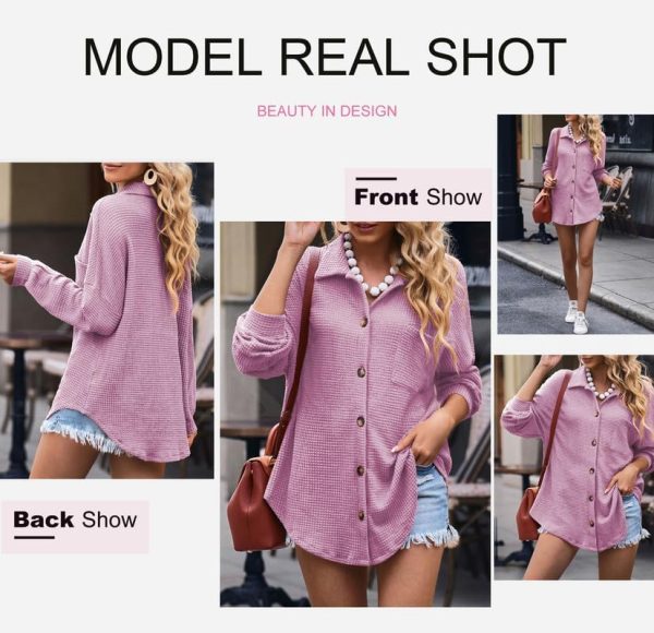 Dokotoo Womens Waffle Knit Shacket Jacket Casual Long Sleeve Button Down Shirts Dressy Blouses Tops - Image 55