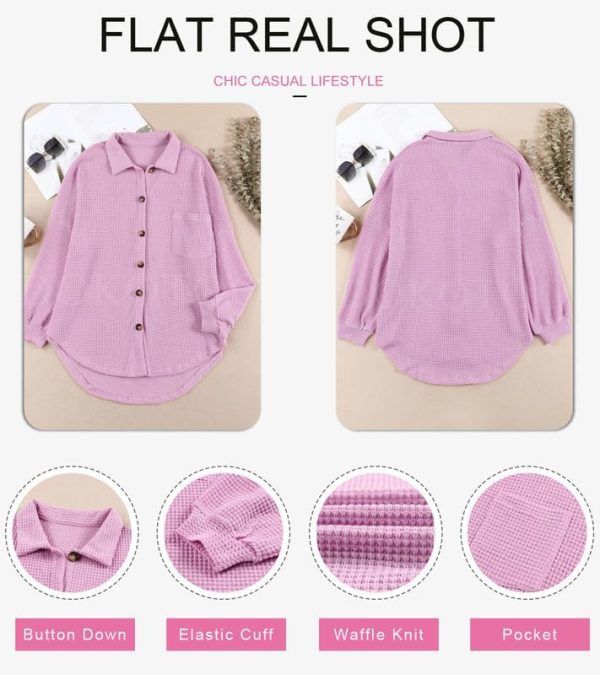 Dokotoo Womens Waffle Knit Shacket Jacket Casual Long Sleeve Button Down Shirts Dressy Blouses Tops - Image 56