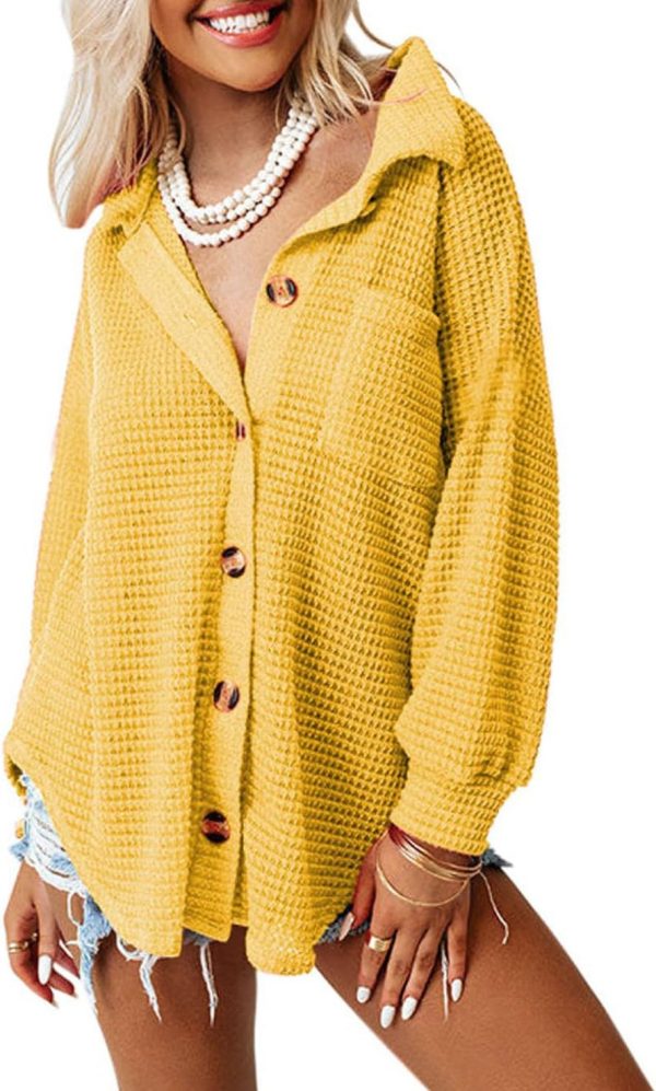 Dokotoo Womens Waffle Knit Shacket Jacket Casual Long Sleeve Button Down Shirts Dressy Blouses Tops - Image 59