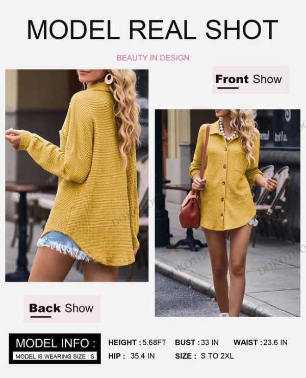 Dokotoo Womens Waffle Knit Shacket Jacket Casual Long Sleeve Button Down Shirts Dressy Blouses Tops - Image 60