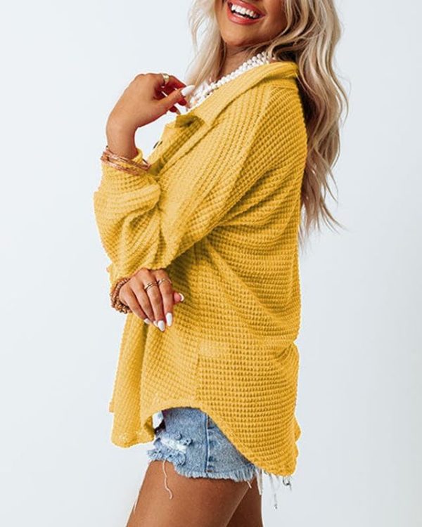 Dokotoo Womens Waffle Knit Shacket Jacket Casual Long Sleeve Button Down Shirts Dressy Blouses Tops - Image 63