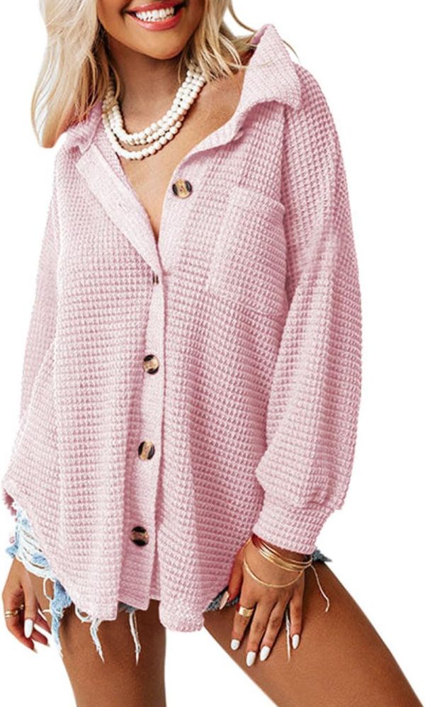 Dokotoo Womens Waffle Knit Shacket Jacket Casual Long Sleeve Button Down Shirts Dressy Blouses Tops - Image 64