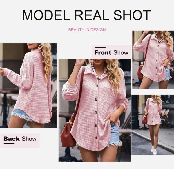 Dokotoo Womens Waffle Knit Shacket Jacket Casual Long Sleeve Button Down Shirts Dressy Blouses Tops - Image 65