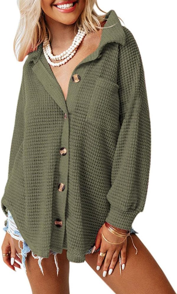 Dokotoo Womens Waffle Knit Shacket Jacket Casual Long Sleeve Button Down Shirts Dressy Blouses Tops - Image 70