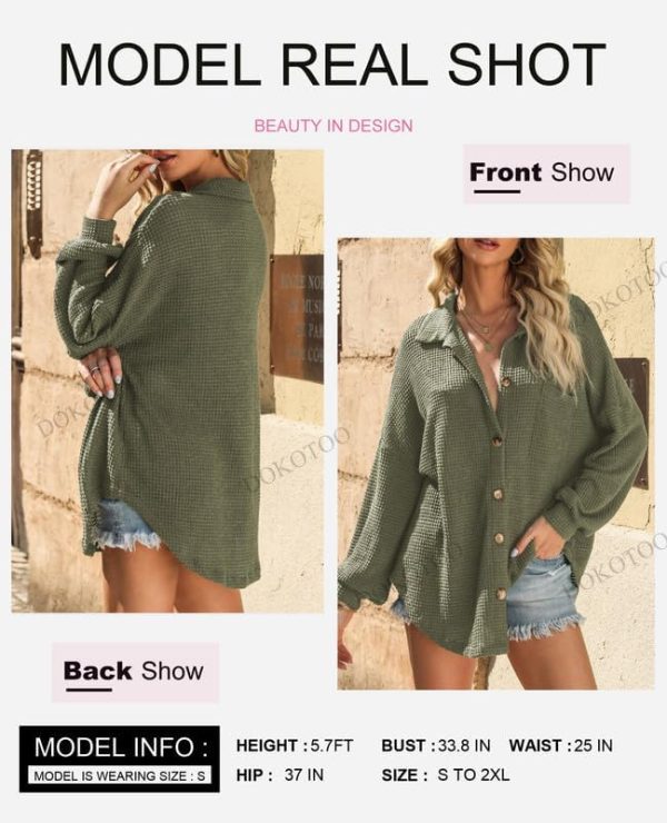 Dokotoo Womens Waffle Knit Shacket Jacket Casual Long Sleeve Button Down Shirts Dressy Blouses Tops - Image 71