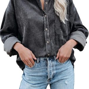 Dokotoo Womens Corduroy Button Down Shirts Boyfriend Long Sleeve Oversized Blouses Tops