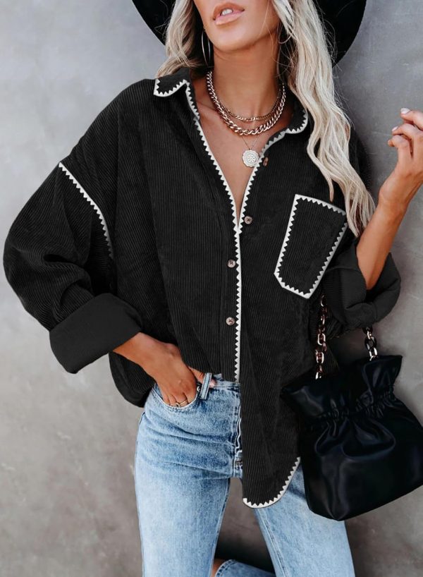 Dokotoo Womens Corduroy Button Down Shirts Boyfriend Long Sleeve Oversized Blouses Tops - Image 16