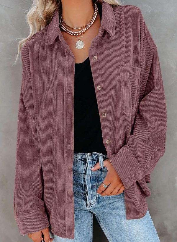 Dokotoo Womens Corduroy Button Down Shirts Boyfriend Long Sleeve Oversized Blouses Tops - Image 25