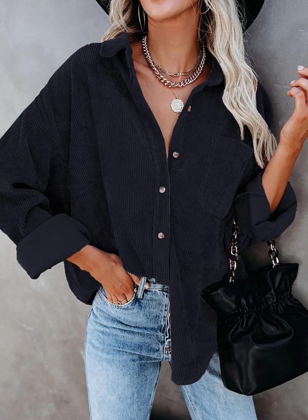 Dokotoo Womens Corduroy Button Down Shirts Boyfriend Long Sleeve Oversized Blouses Tops - Image 28
