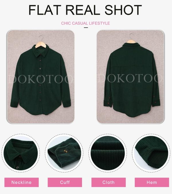Dokotoo Womens Corduroy Button Down Shirts Boyfriend Long Sleeve Oversized Blouses Tops - Image 45