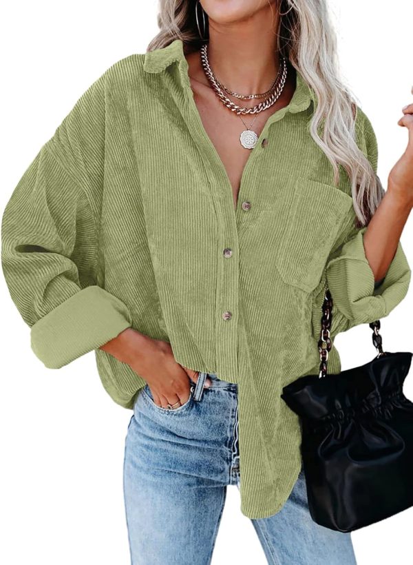 Dokotoo Womens Corduroy Button Down Shirts Boyfriend Long Sleeve Oversized Blouses Tops - Image 46