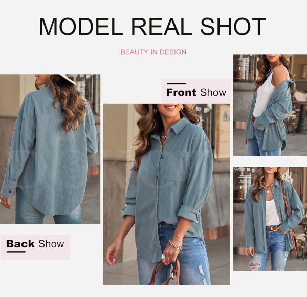 Dokotoo Womens Corduroy Button Down Shirts Boyfriend Long Sleeve Oversized Blouses Tops - Image 54