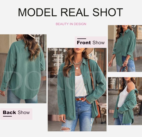 Dokotoo Womens Corduroy Button Down Shirts Boyfriend Long Sleeve Oversized Blouses Tops - Image 58