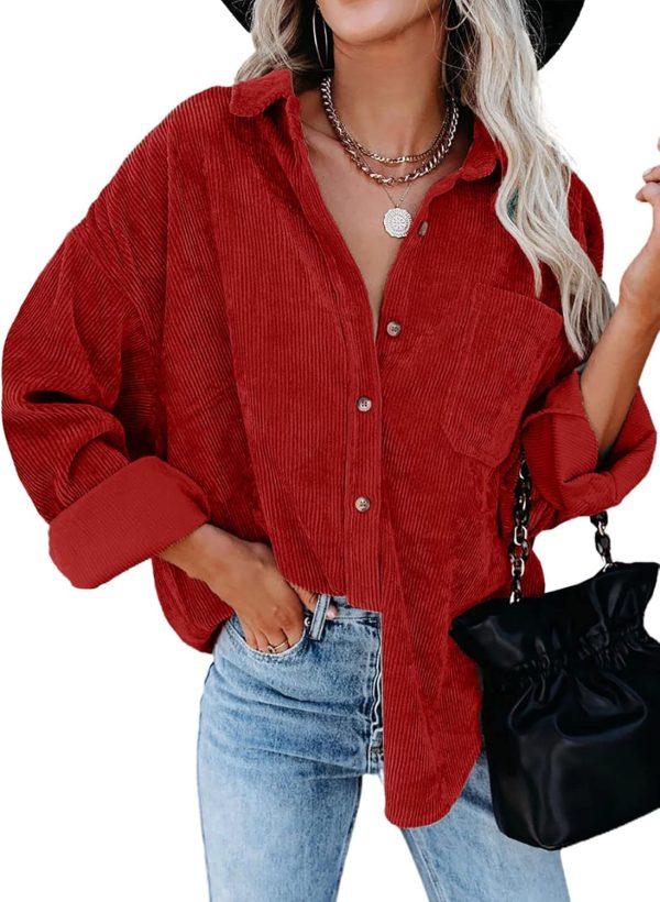 Dokotoo Womens Corduroy Button Down Shirts Boyfriend Long Sleeve Oversized Blouses Tops - Image 60