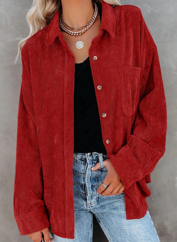 Dokotoo Womens Corduroy Button Down Shirts Boyfriend Long Sleeve Oversized Blouses Tops - Image 63