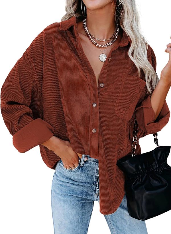 Dokotoo Womens Corduroy Button Down Shirts Boyfriend Long Sleeve Oversized Blouses Tops - Image 64